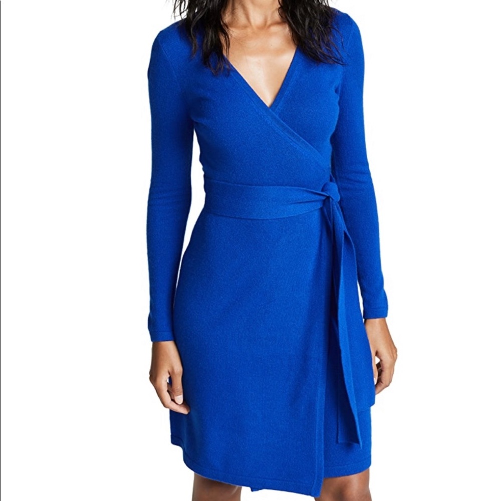 DVF 100% Cashmere Cobalt Blue Wrap Dress. Size Medium.